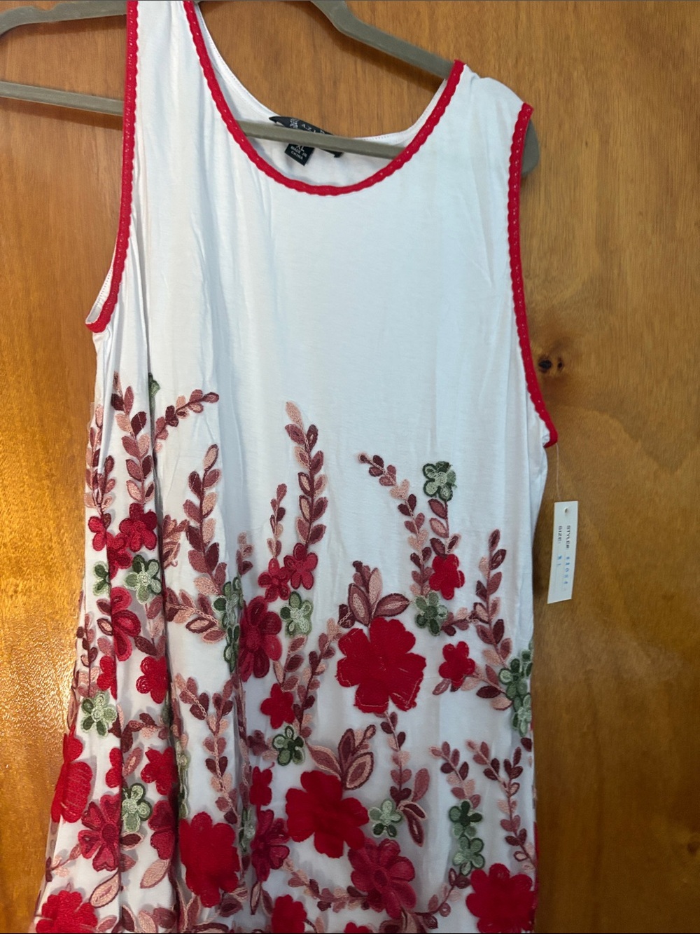 White Embroidered Floral Tank with Red & Green Accents